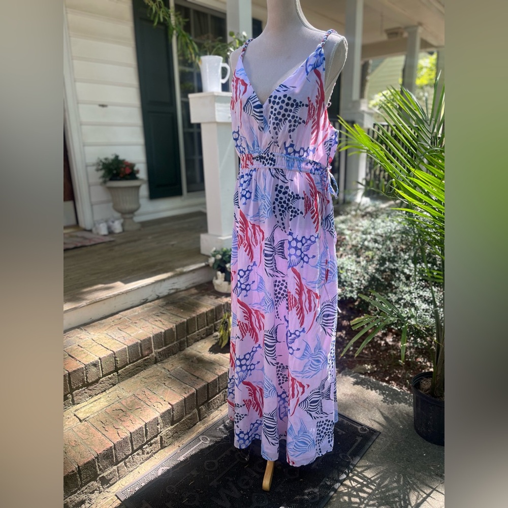 Loft NWT Maxi Dress, Double Fish Print, Spaghetti Straps, XL, Red + Blue - Picture 15 of 15